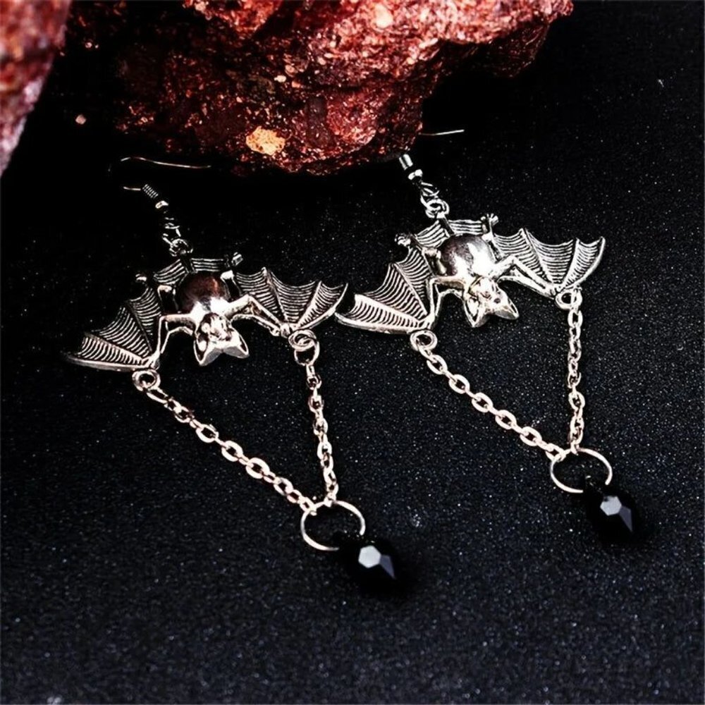 Vampire Bat Black Silver Teardrop Crystal Goth Chain Dangle Earrings